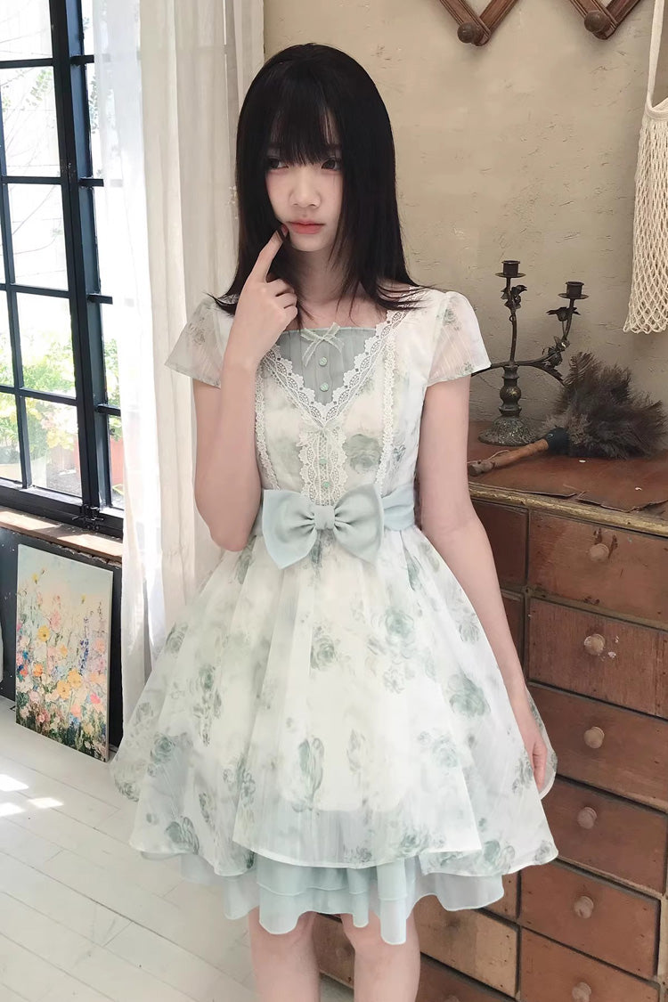 Green Floral Print Short Sleeve Bow Lace Sweet Princess Lolita Dress