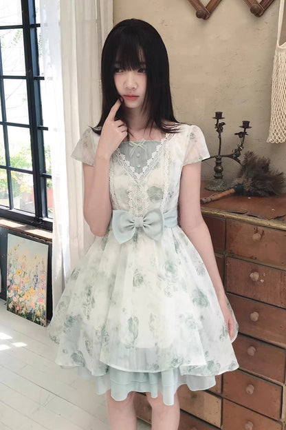 Green Floral Print Short Sleeve Bow Lace Sweet Princess Lolita Dress