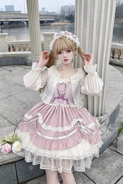 Pink Floating Light Dance Multi-layer Ruffle Embroidery Bowknot Lace Sweet Lolita Jsk Dress