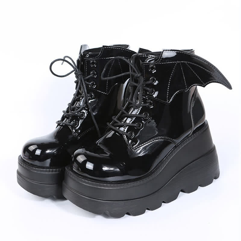 Schwarze Punk Goth Wings Schnürstiefel mit hohem Keilabsatz