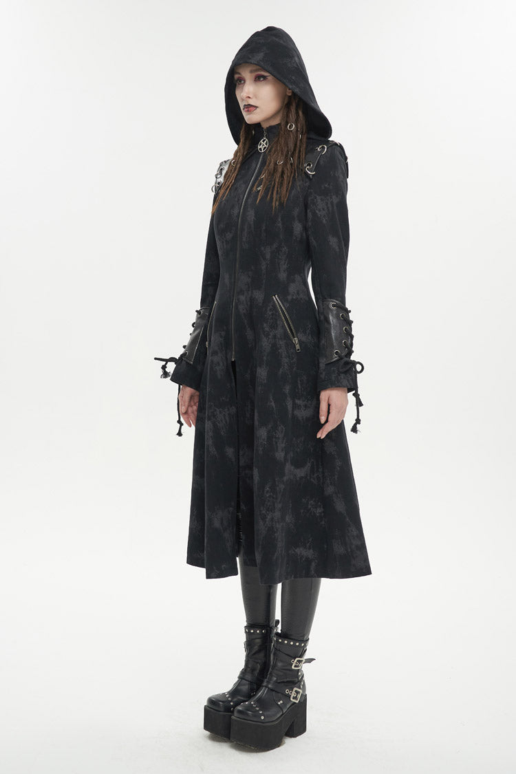 Long Punk Coat for Women with Hood and Irregular Print in Spliced Black Faux Leather