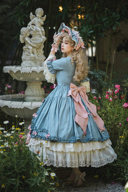 Lapel Short Trumpet Sleeve Ruffled Open Bow Lace Elegant Luxurious Lolita Dress
