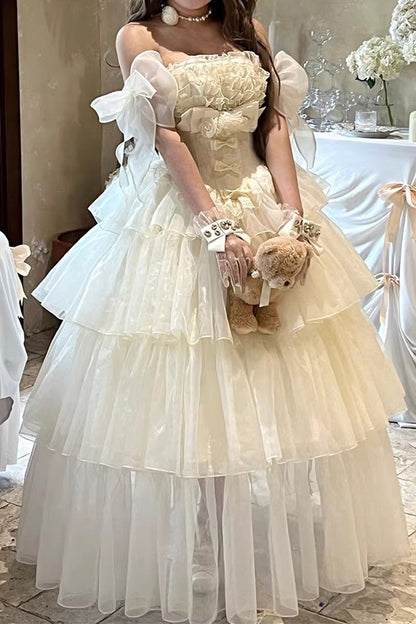 Off White Mousse Love Song Sleeveless Multi Layer Ruffle Hanayome Bow Sweet Lolita Dress