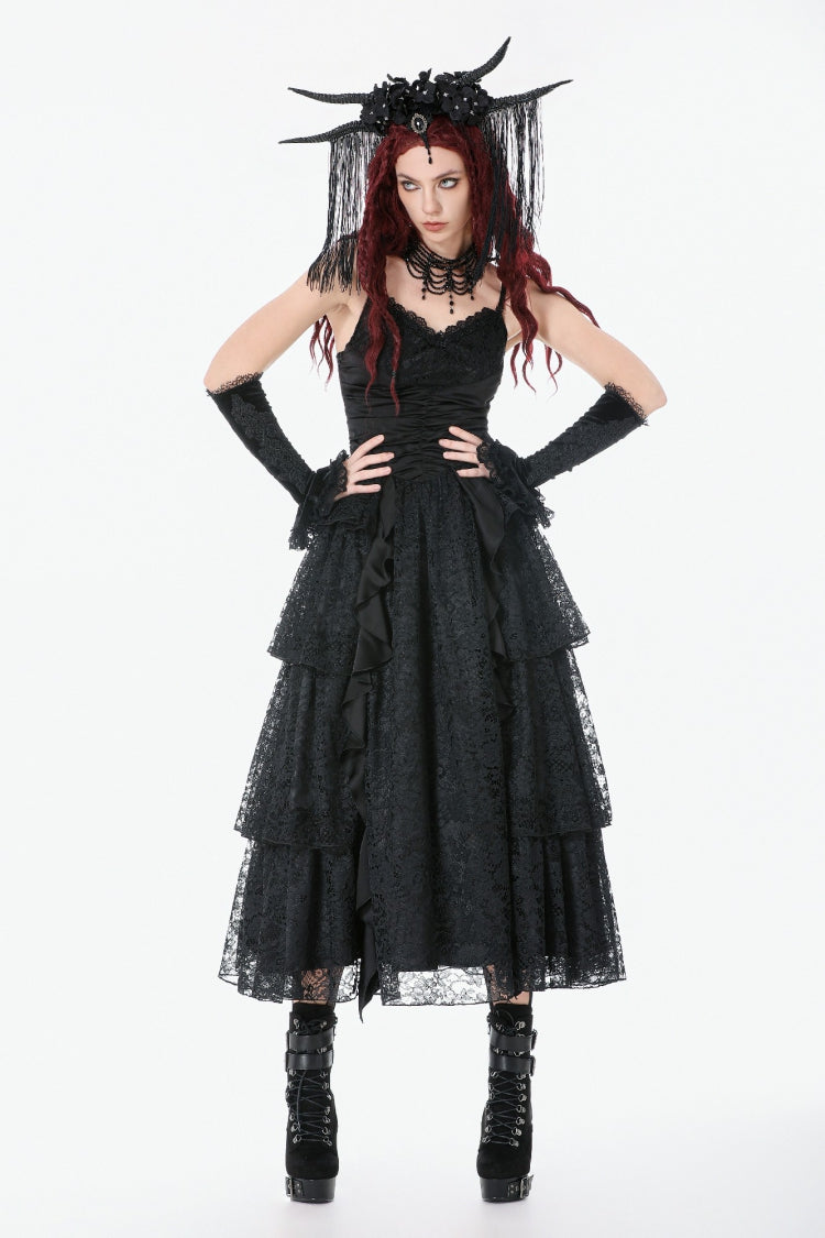 Ruched Lace Gothic Maxi Slip Dress for Weddings
