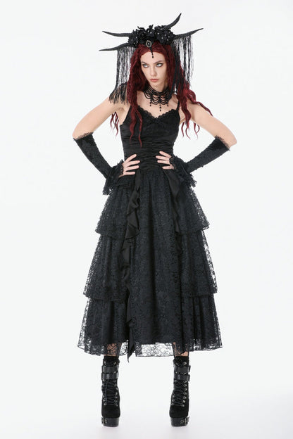 Ruched Lace Gothic Maxi Slip Dress for Weddings