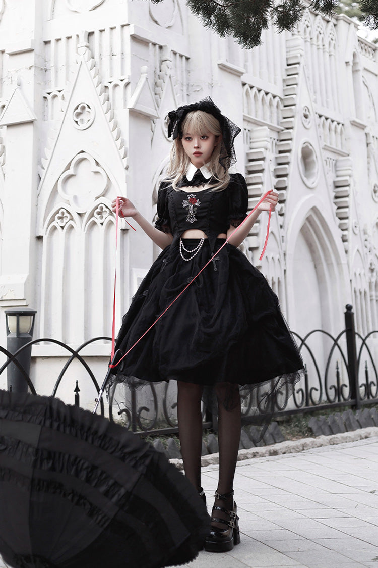 Black Rose Embroidered Gothic Lolita Dress Set with Cutout Top