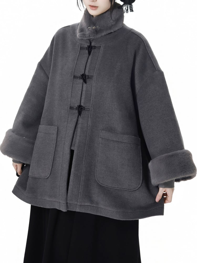 Gray Baggy Long Sleeves Plush Cuff Duffle Coat