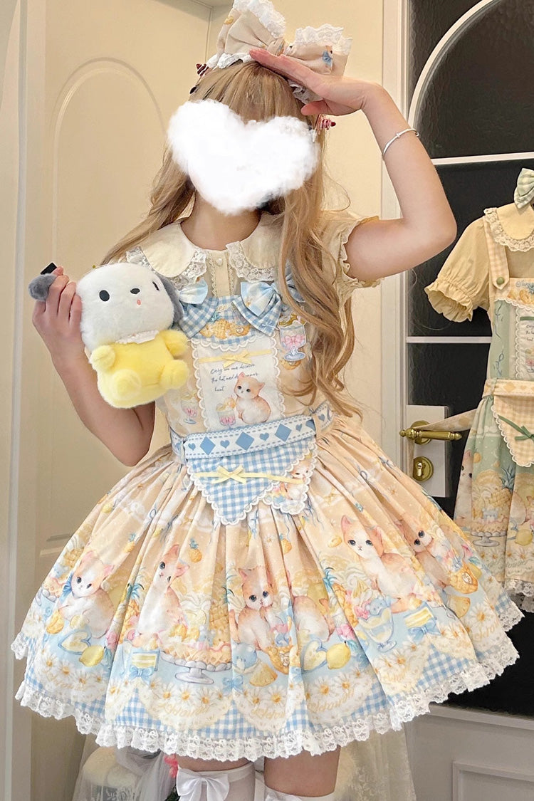 Pineapple Cat Print Sleeveless Bow Lace Sweet Lolita Strap Dress in Yellow