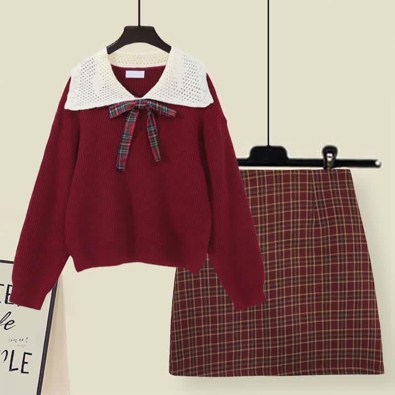 Bow Knot Decor Red Sweater Plaid Skirt Set