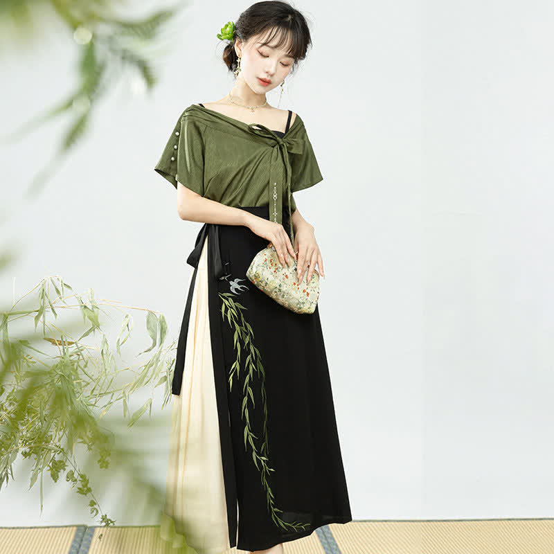 Elegant Salix Leaves Embroidery T-Shirt Cami Top Skirt