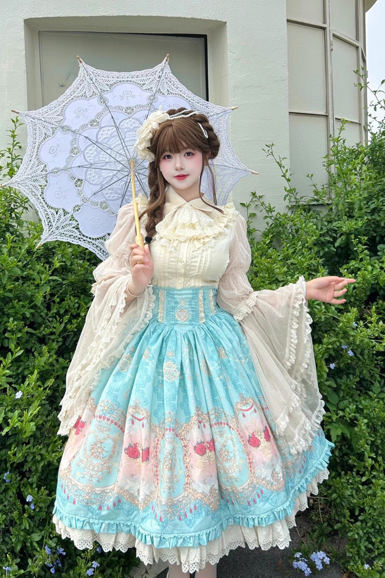 Ruffle-Embroidered Palace Skirt with Lace and Print