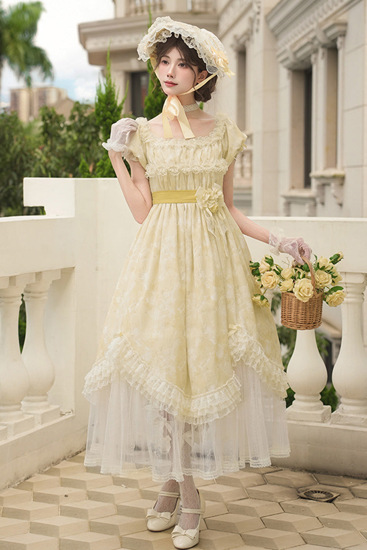 Golden Square-Collar Short-Sleeve Ruffled Lace Long Gown