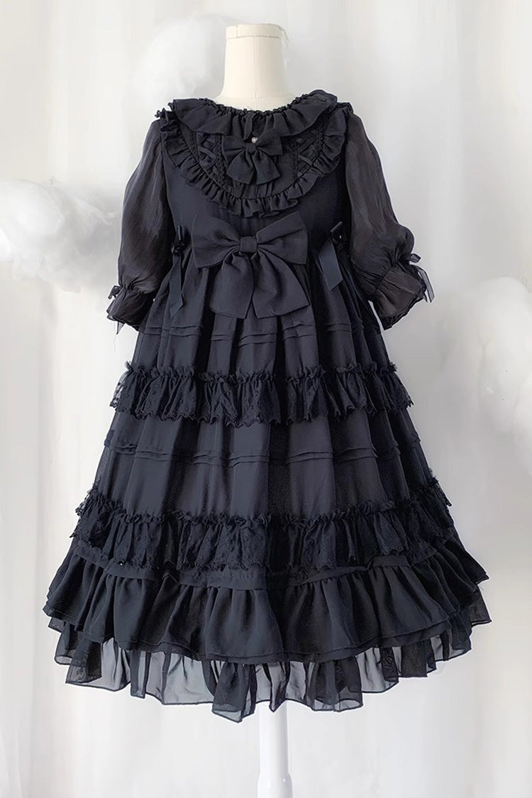 Black Lace Angel Short-Sleeved Bow-Trim Ruffled Gothic Lolita Dress