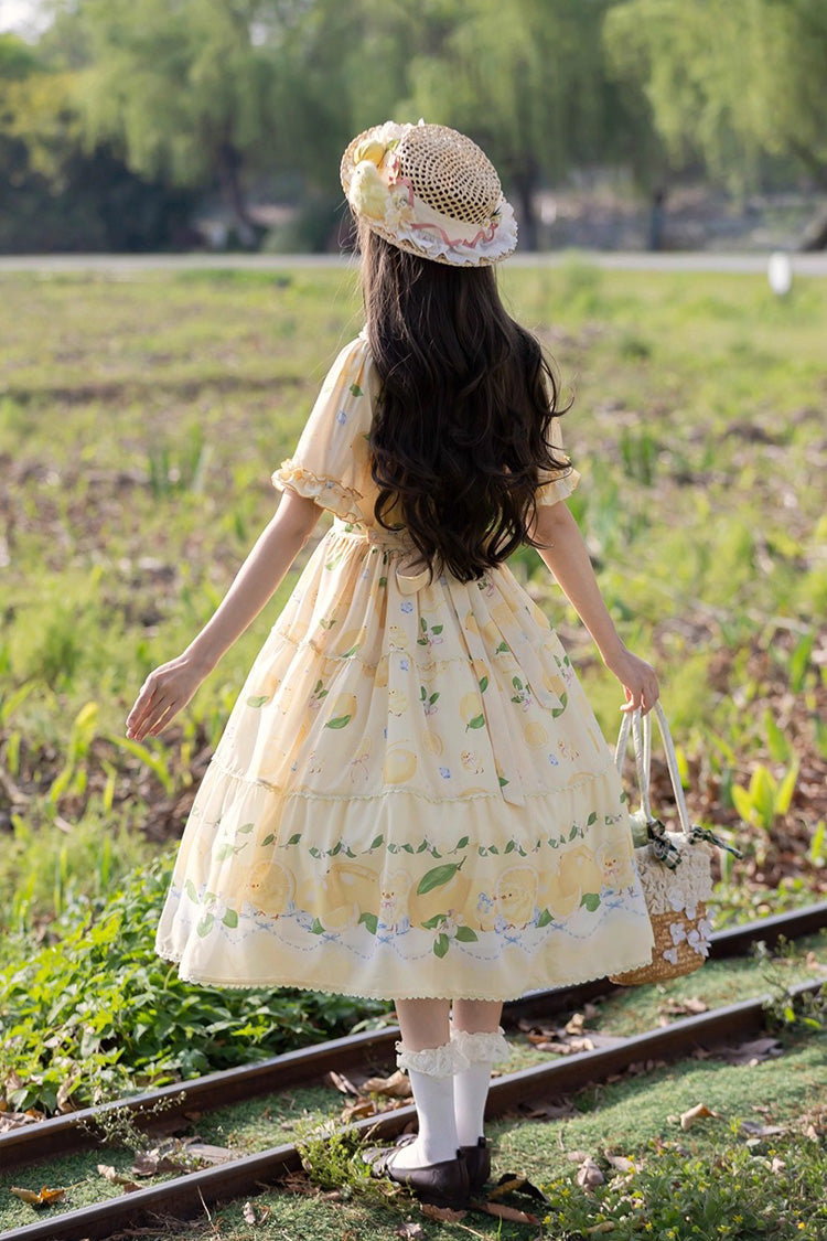 Lemon Chicken Short Sleeve Print Ruffle Bow Lace Daily Sweet Lolita Gown in Yellow