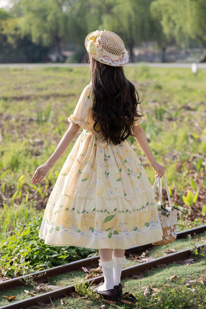 Lemon Chicken Short Sleeve Print Ruffle Bow Lace Daily Sweet Lolita Gown in Yellow