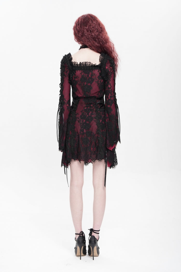 Square Collar Long Sleeve Floral Lace Lace-Up Gothic Dress
