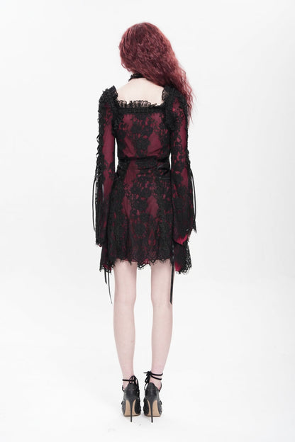 Square Collar Long Sleeve Floral Lace Lace-Up Gothic Dress