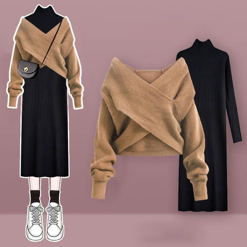 Ensemble robe pull en tricot croisé chic