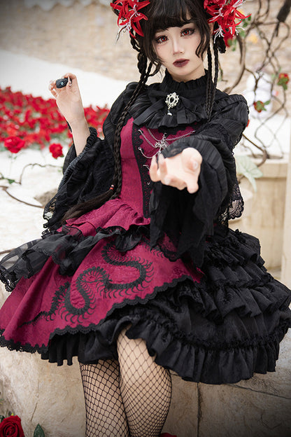 Multi-Layered Asymmetric Gothic JSK Dress with Lace and Bow