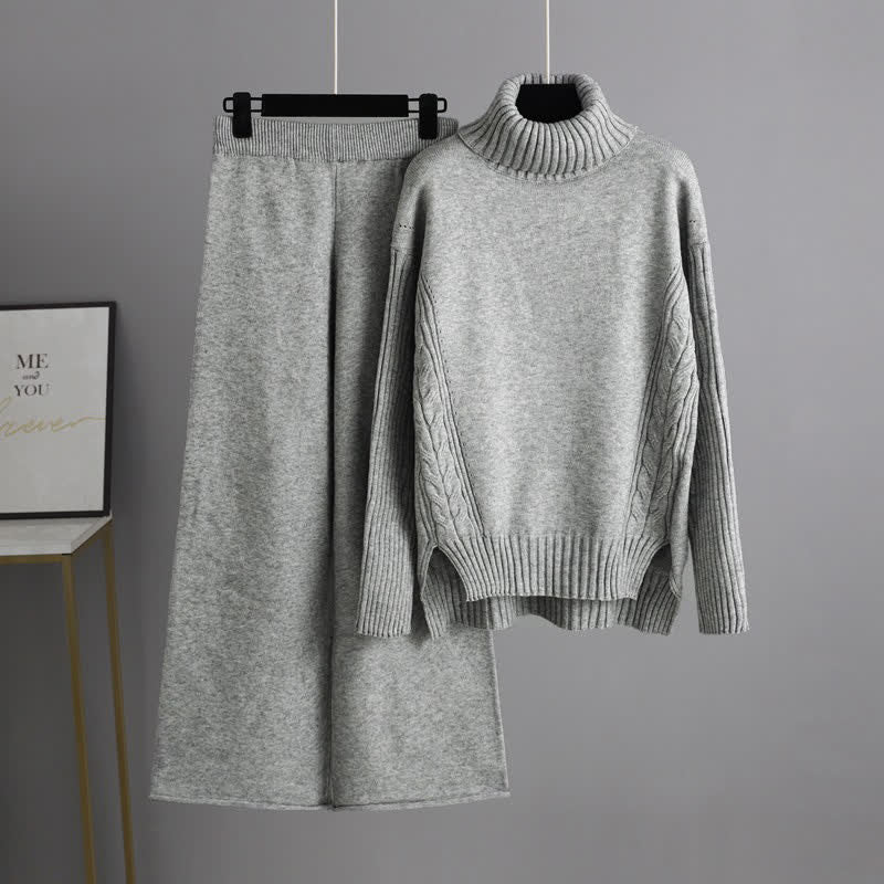 Sweater Cable Color Pants Leg Wide Set Turtleneck Pure