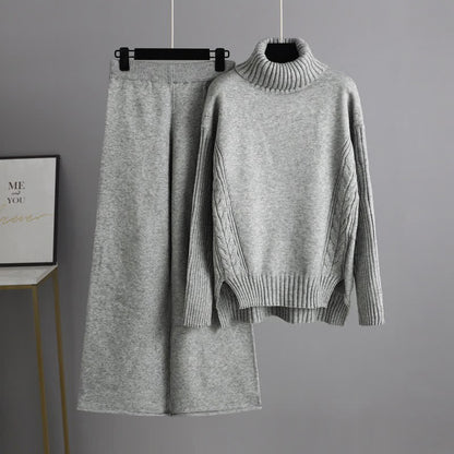 Sweater Cable Color Pants Leg Wide Set Turtleneck Pure