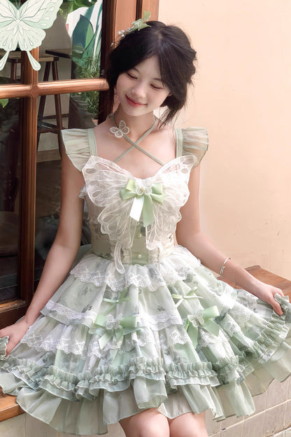 Emerald Promise of Blooming Season Print Ruffle Bowknot Lace Sweet Princess Lolita JSK
