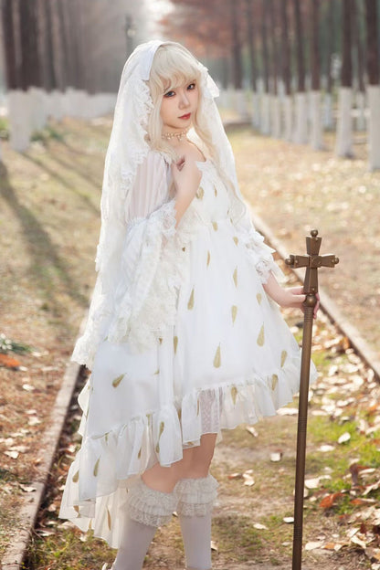 Feather Snowflake Embroidery Print Sleeveless Ruffle Bow Sweet JSK Dress