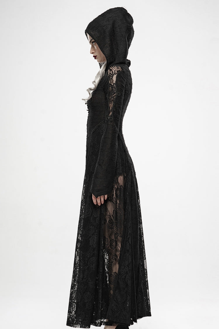 Hooded Goth Dress with Zipper and Lace Accents