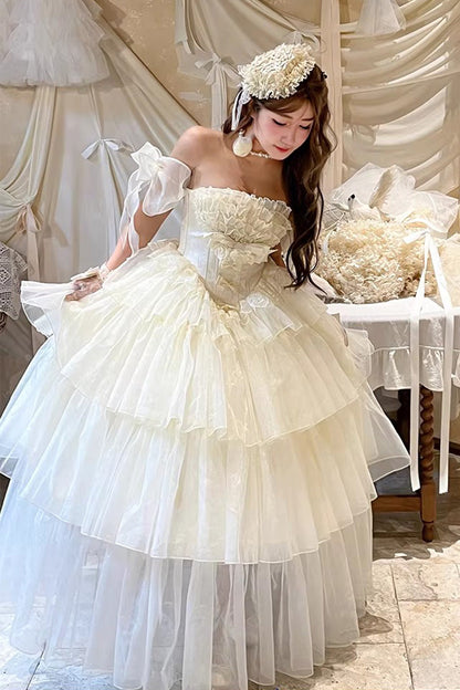 Off White Mousse Love Song Sleeveless Multi Layer Ruffle Hanayome Bow Sweet Lolita Dress