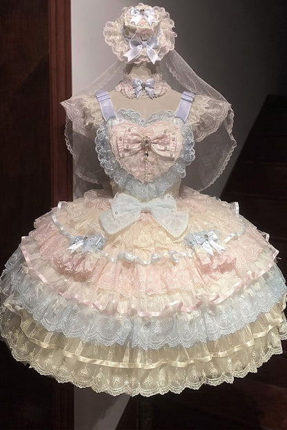 Rainbow Feathers Ballad Sleeveless Multi-Layered Ruffle Hanayome Bow Sweet Lolita Jsk Dress