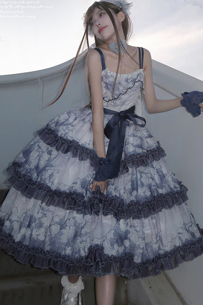Multihued Layered Cloud Print Ribboned Lolita Jumper