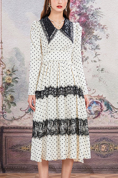 Doll-Collar Vintage Lace Patchwork Polka Dot Print Long-Sleeved High-Waisted Sweet Lolita OP Dress in Beige and Black