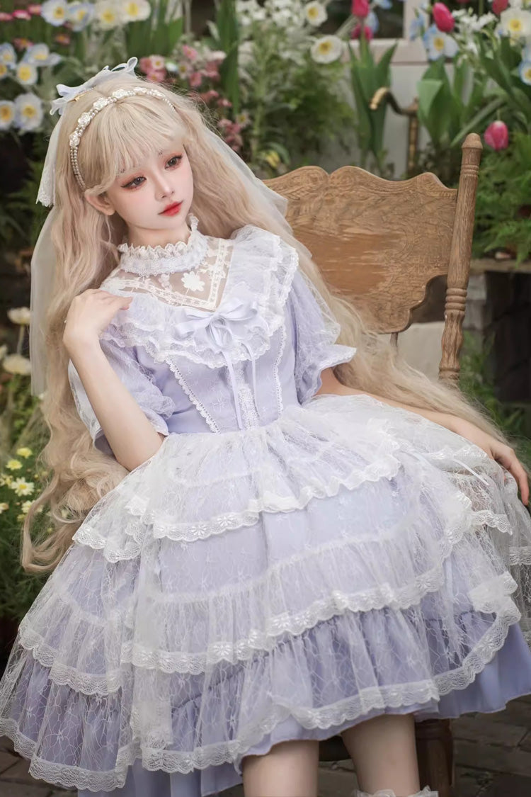 Purple Jacquard Bowknot OP Dress - Sweet Elegant Lolita
