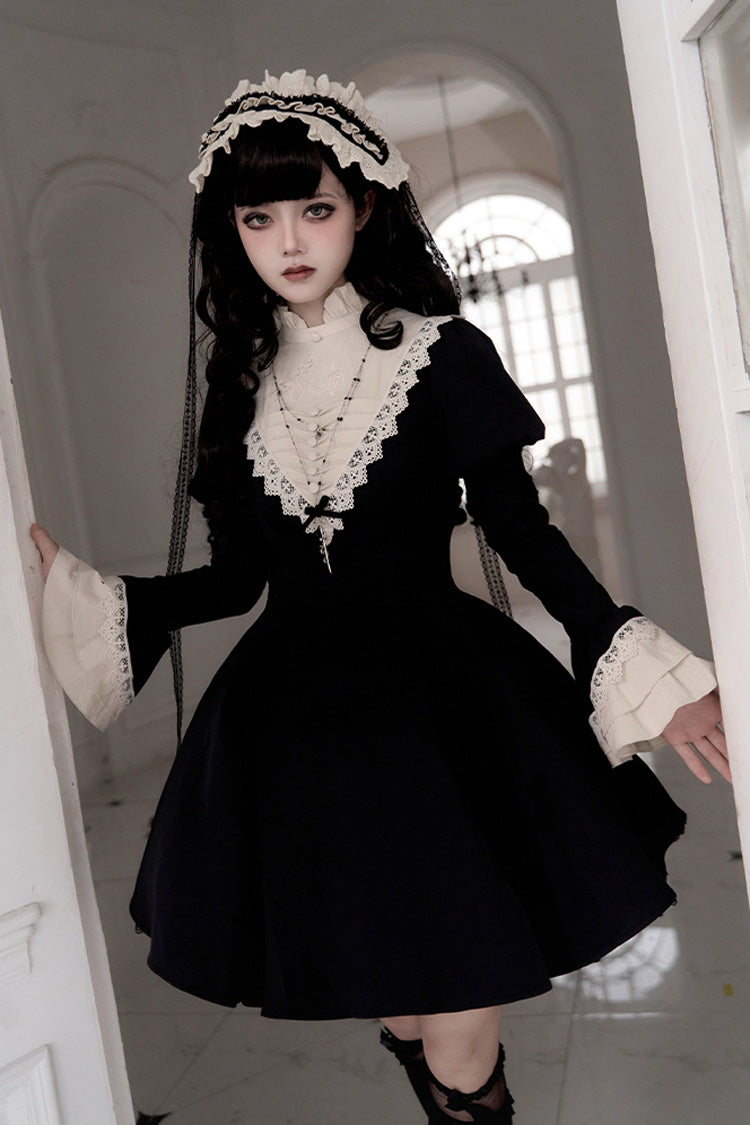 Letters and Poems Nocturne Nun Long Sleeves Ruffle Gothic Lolita Short Dress