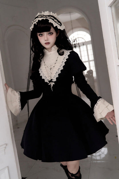 Letters and Poems Nocturne Nun Long Sleeves Ruffle Gothic Lolita Short Dress