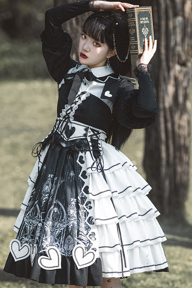 Retro Dark Eye-Print Op Dress with Love Motif - Kawaii
