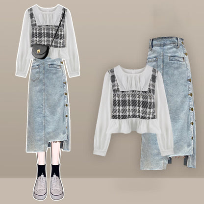 Print Shirt Denim Lattice Fishtail Skirt Set