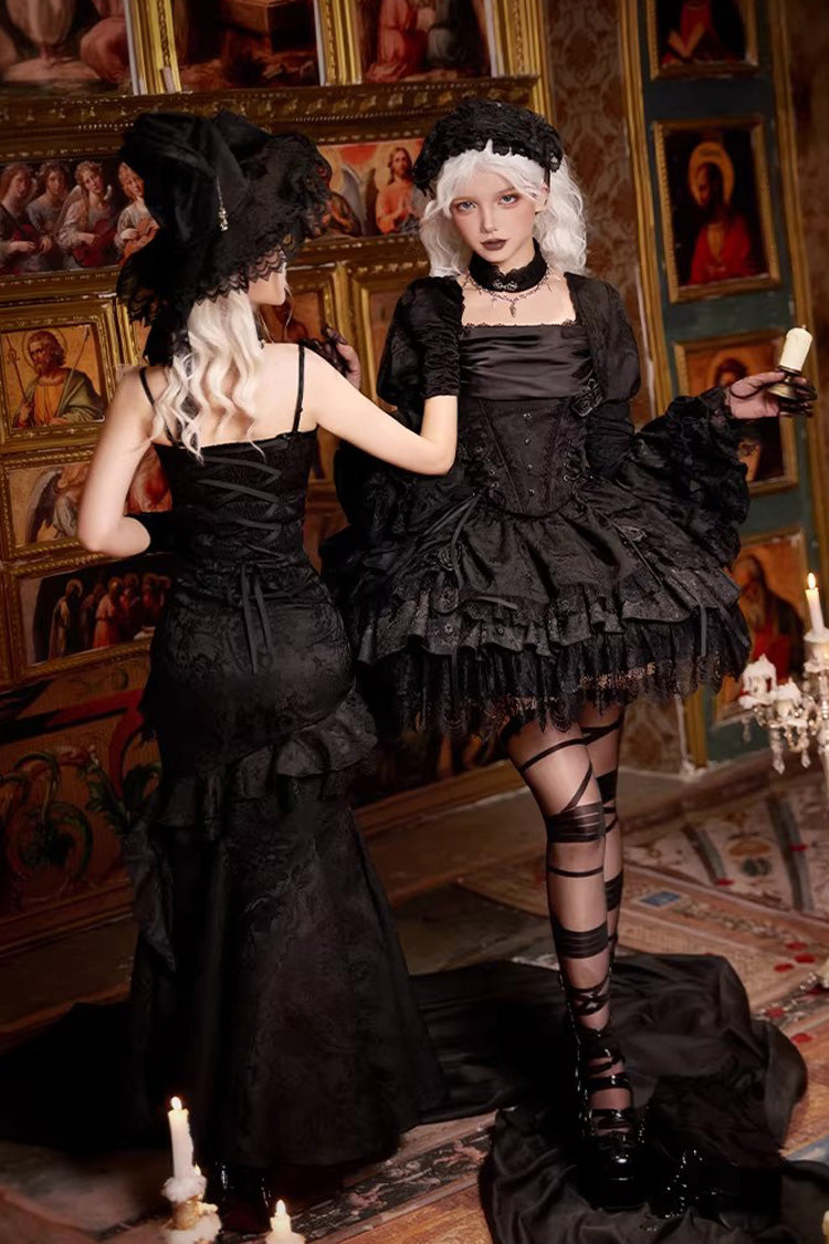 Gothic Lolita Skirt with Multi-Layered Jacquard and Ruffled Witch Design