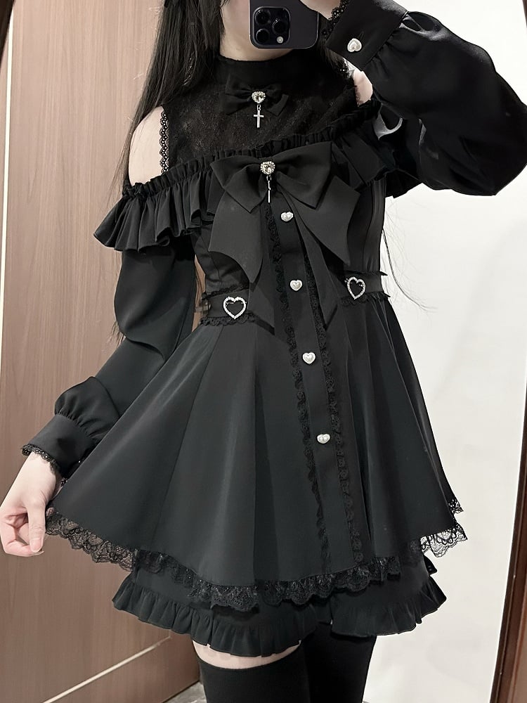 Black Jirai Kei Set Cutout Shoulder Landmine Dress Ruffle Trim Shorts Bows