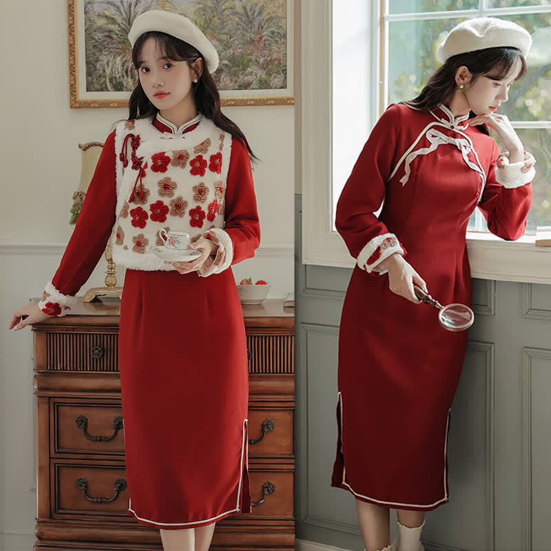 Red Flowers Buckle Vest Bowknot Cheongsam Dress