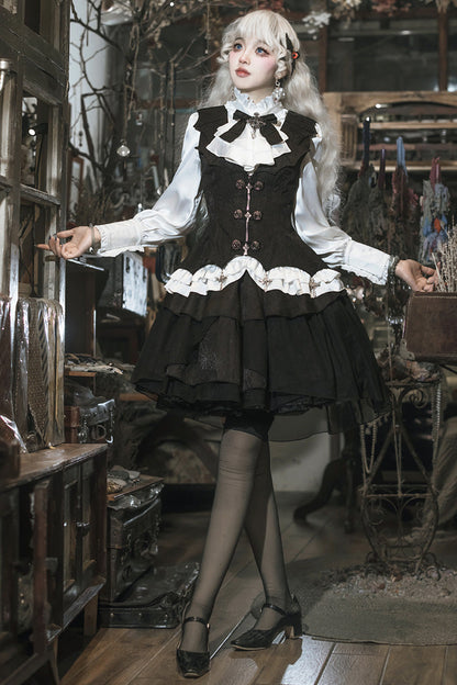 Black White Gothic Lace Vest Skirt Set