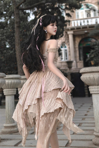 Golden Sleeveless High-Waist Printed Asymmetric Sweet JSK