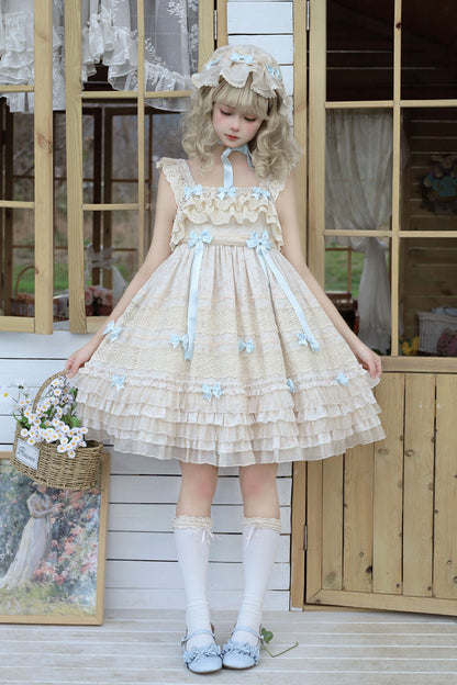 Little Wind Chime Sleeveless Multi-Layered Printed Ruffled Bow Lace Sweet Elegant Princess Lolita JSK Dress in Beige