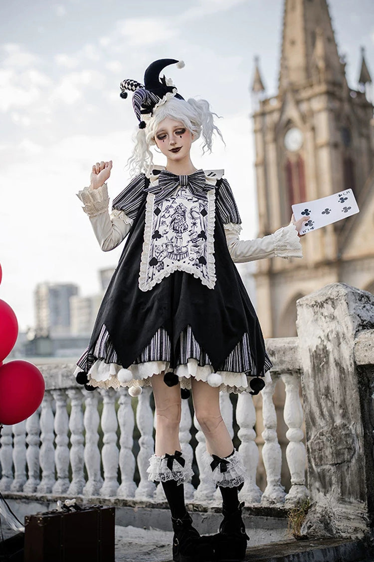 Letters and Poems Doll Mask Poker Clown Long Sleeves Ruffled Bow Gothic Lolita Dress Set