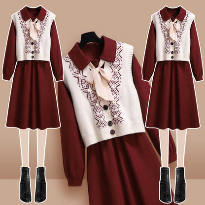 Rhombus Red Bow Print Knot Set Dress Vest