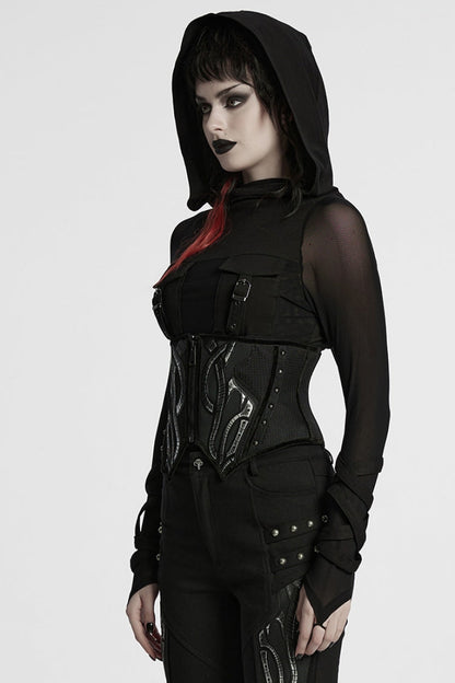 Mesh Zippered Black Asymmetric Punk Underbust Corset for Women