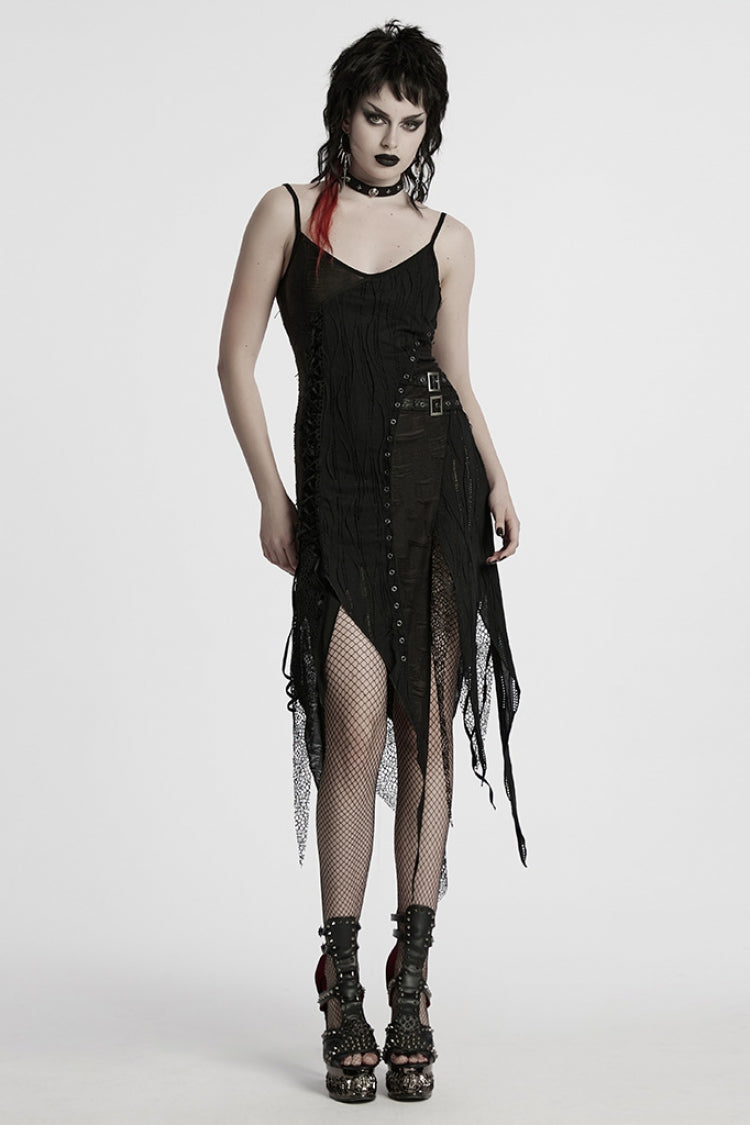 Ripped Party Slip Dress with Asymmetric Lace Trim - NoirEdge
