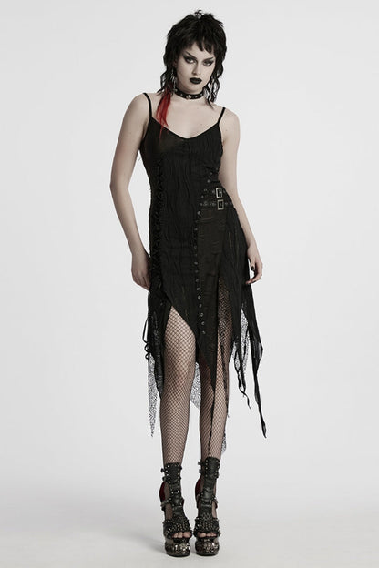 Ripped Party Slip Dress with Asymmetric Lace Trim - NoirEdge