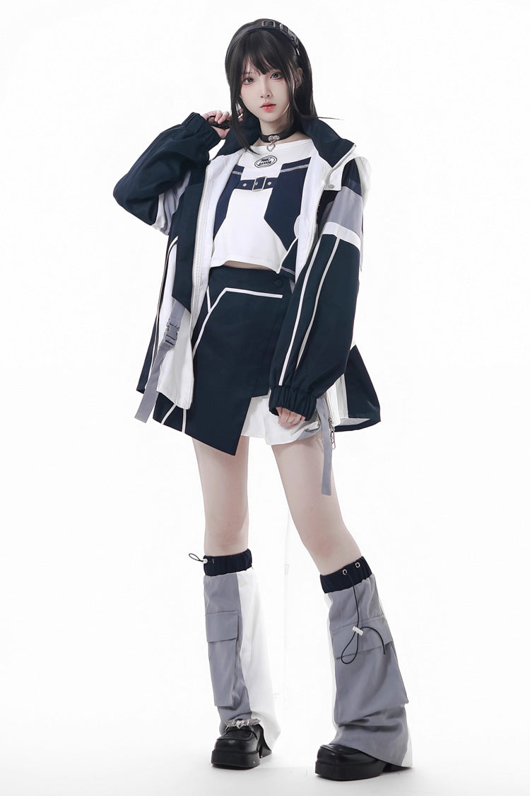 Blue White Techwear Embroidered Asymmetric Coat & Skirt Set
