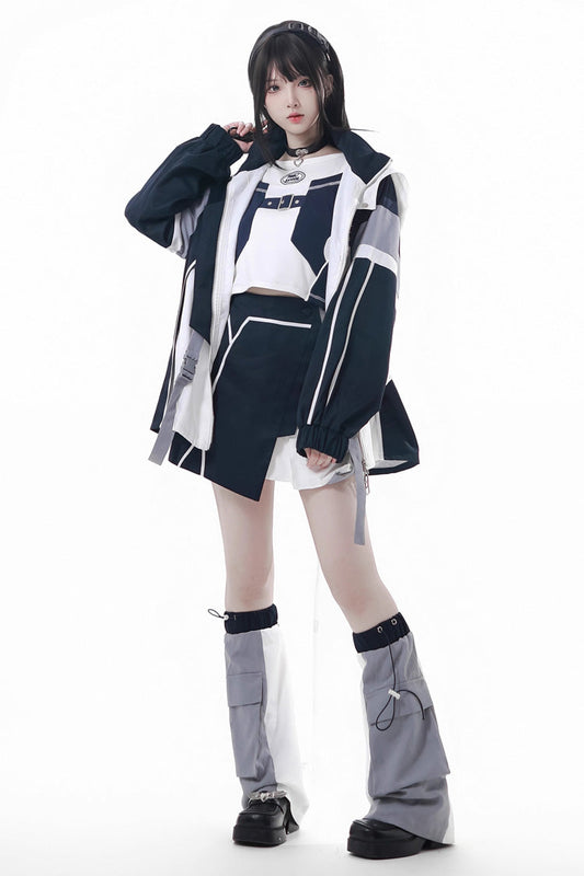 Blue White Techwear Embroidered Asymmetric Coat & Skirt Set